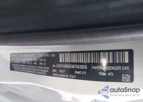 2021 Alfa Romeo Giulia Ti Sport Awd from USA, damaged, VIN ZARFANBN2M7643658